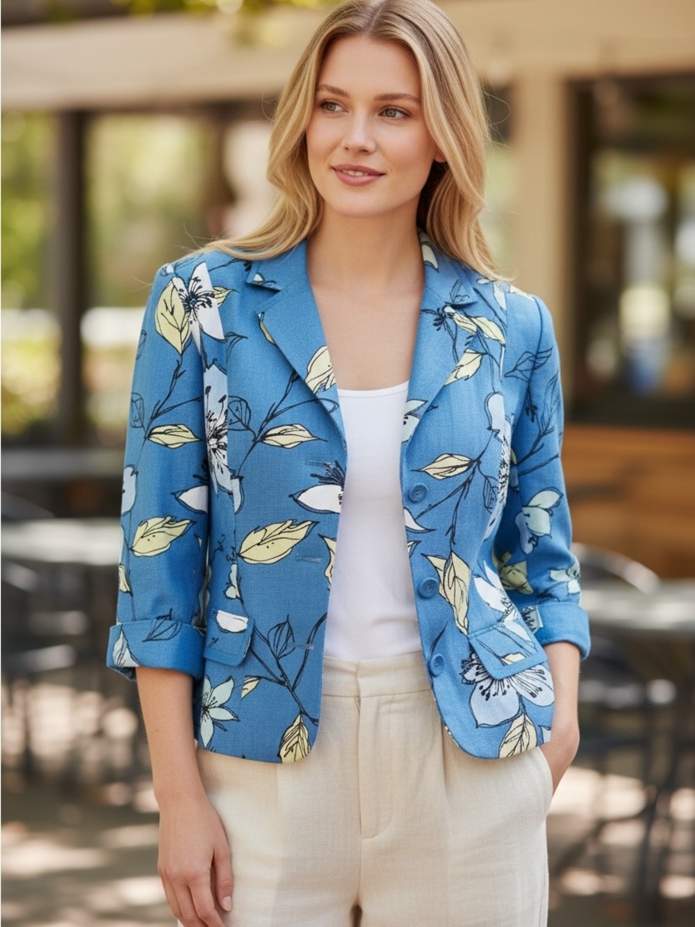 Emma James Blue Floral Blazer Womens 10 Linen Rayon Jacket NWT